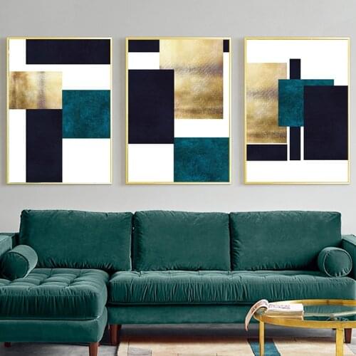 Abstract Bright Color Blocks Blue Black Gold Canvas Art Modern Painting Poster Print For Living Room Fashion Artistic Wall Décor