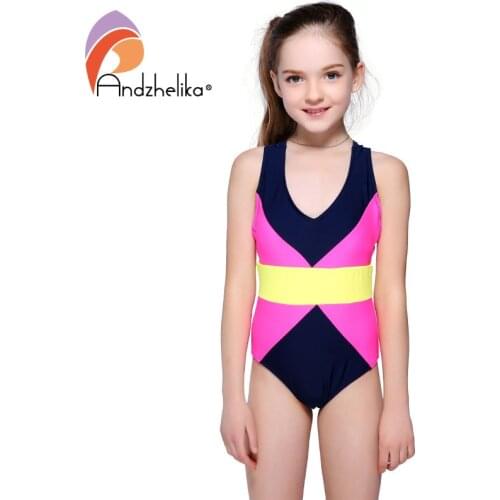Andzhelika 2021 Girls Sports Swimsuit One-piece Swimwear Multi Color Patchwork Beach Bodysuit Swim Suit For Girl Monokini