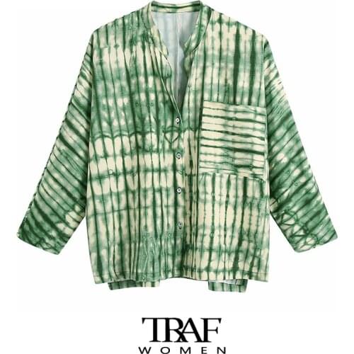 TRAF Za Women Fashion Oversized Printed Asymmetric Blouses Vintage Long Sleeve Pockets Female Shirts Blusas Chic Tops