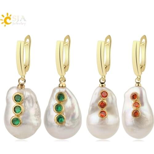 CSJA Irregular Freshwater Pearl Earrings Rhinestone Baroque Pearls Dangle Earring for Lady Anniversary Party Charm Jewelry G266
