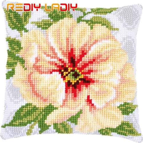 Cross Stitch Cushion Cover Orange Flower Pillow Case Pre-Printed Canvas Thick Yarn Cross-stitch Kits Needlepoint Arts and Crafts