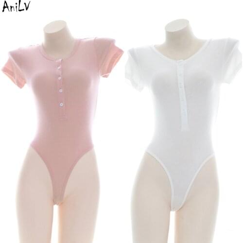 AniLV Summer Pink Knit Bodysuit Swimsuit Costume Girl Chest Button One-piece Swimwear Uniform Pool Party Cosplay