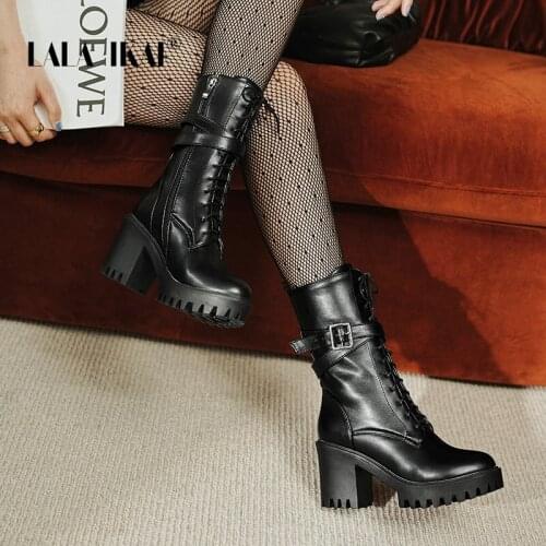 LALA IKAI Boots Women New Autumn Winter 2020 Platform Ankle Boots High Heels Lace-up Short Booties Buckle Strap Zapatos de mujer