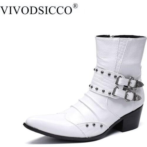 VIVODSICCO Fashion Men High Heel Boots Genuine Leather Ankle Boots Men Italian Business Dress Shoes Pointed Toe Cowboy Boots
