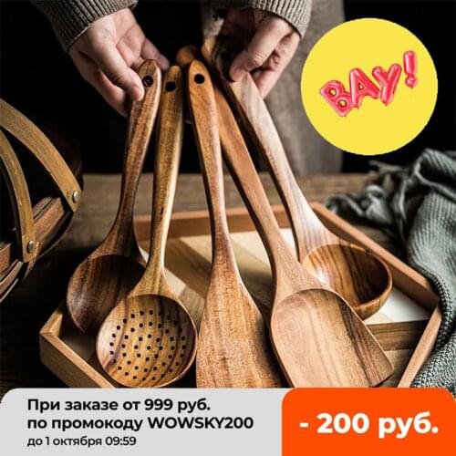 Thailand Teak Natural Wood Tableware Spoon Ladle Turner Long Rice Colander Spatula Colander Wooden Cooking Kitchen Utensils Set