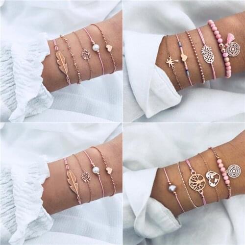2019 New Bohemia Heart Feather Bracelet Sets for Women Weave Pink Rope Chain Bracelets Bangles Wholesale