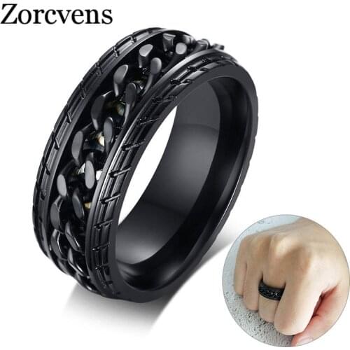 Modyle New Fashion 8mm Cool Black Spinner Chain Ring for Men Tire Texture Stainless Steel Rotatable Links Punk Male Anel