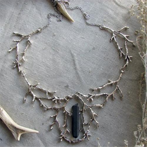 Black Titanium Raw Quartz Branches Necklace Witch Pendant Fantasy Forest Jewelry Gothic Jewellery Statement Wedding Magic