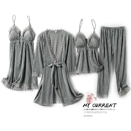 4PCS Pajamas Suit Women Velour Sleepwear Kimono Gown Nightwear 2021 Autumn New Bathrobe Soft Velvet Pyjamas Home Clothes