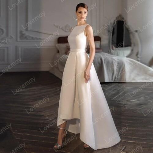 Simple Elegant High Low Beach Wedding Dresses 2021 Satin O Neck Sleeveless Backless Bridal Gowns Vestidos De Novia