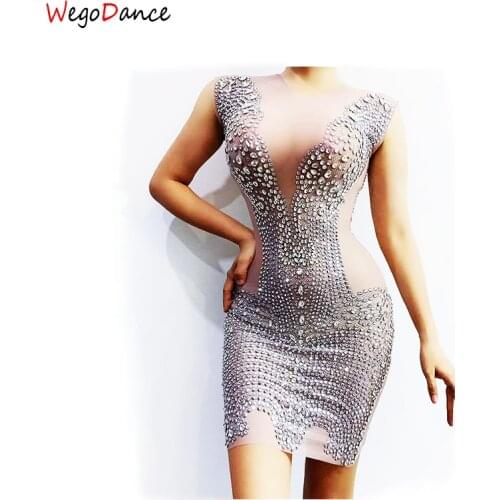 Silver Rhinestones Mesh Dress Evening Birthday Celebrate Stage Dance Stretch Transprant Women Dancer Clothing