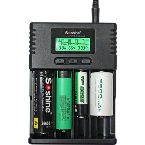Soshine H4 LCD Smart Universal Adjustable Current Charger for 26650 18650 16340 Li-ion LiIFePO4 NiMH 1.2V C AA AAA w/Car charger
