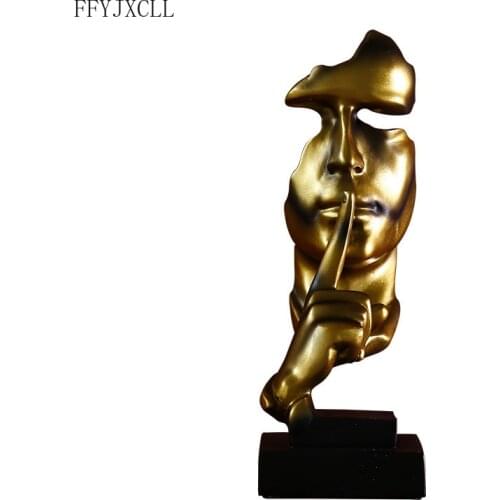 Golden Resin Silence Mask Statue Abstract Statuettes No Say No See No Hear Mask Sculpture for Office Vintage Home Decor