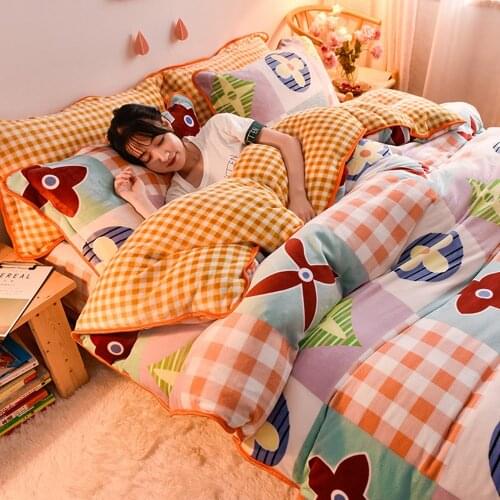 Winter Warm Flannel 3/4pcs Bedding Set Milk Velvet Quilt Duvet Cover Cartoon Thickened Snow Fleece Bed Sheet Pillowcase Sets