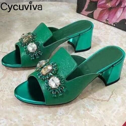 Genuine Leather Rhinestone High Heel Shoes Women Slip On Peep Toe Pumps Ladies Shoes Brand Party Mules Designer Shoes For Women