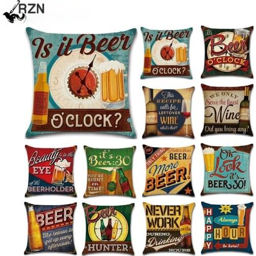 Vintage Beer Bottle Cartoon Pillow Case Alphabet Beer Printed Throw Pillow Vintage Home Decorative Cotton Linen Cushion Cover