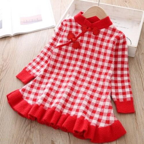 Baby girl clothes rabbit fur knit sweater dress Chinese style retro cheongsam dress baby girl dress thick warm dress lace