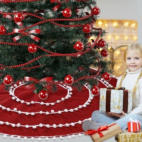 122cm Red Plush Christmas Tree Skirts White Ball Circle Linen Tree Skirt Christmas 2021 New Year Decoration For Home House