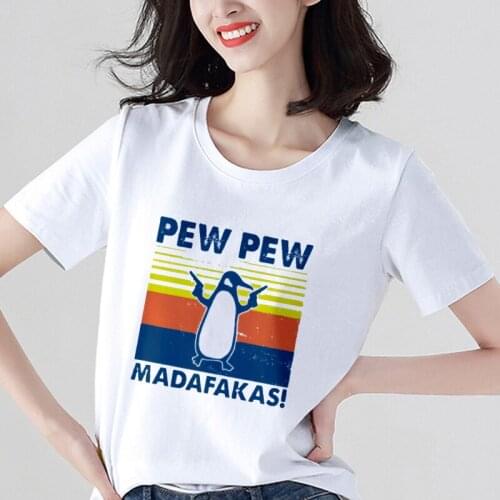 2020 Kpop Penguin with Gun Pew Pew Madafakas Print Womens T Shirt Fashion Murderous T Shirt 90s Harajuku Casual Tops Tee Tshirt