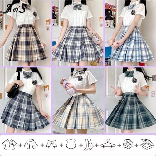 Anbenser Girl Full set School Uniform Pleated Skirts Bow Knot School Uniform High Waist ALine Plaid Skirt Harajuku JK Uniform