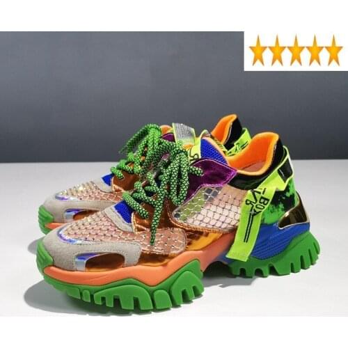 Leather Diamonds Breathable Platform Real Sneakers Women Designer Mesh Splice Hollow Out Height Increased Hip-Hop Shoes