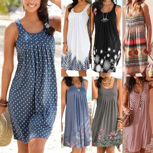 Women Summer Flowers Print Midi Dress Boho Beach Short Dress Ladies Plus Size Casual Sleeveless Sundress Holiday Vestidos S-5XL