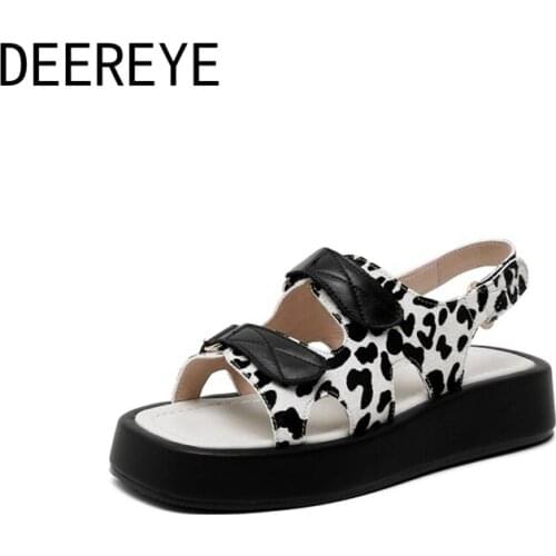 Woman Flat-Heel Horsehair Leopard Print Cowskin Hollow Out Open Toe Buckle Comfortable Casual Sandals Shoe For Summer 2021