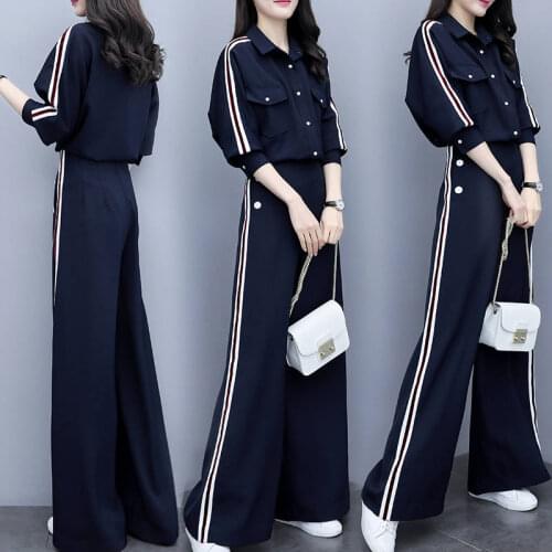 Work Pant Suits 2 Piece Sets Chiffon Shirt Single-breasted Pocket Turn-down collar Blouse & pants Trousers Suit For Women set