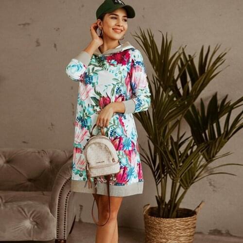 Women Hooded Mini Hoodies Dress Casual Long Sleeve Pocket Floral Leaves Print Autumn Winter Straight Hoody Dresses Long Hoodie