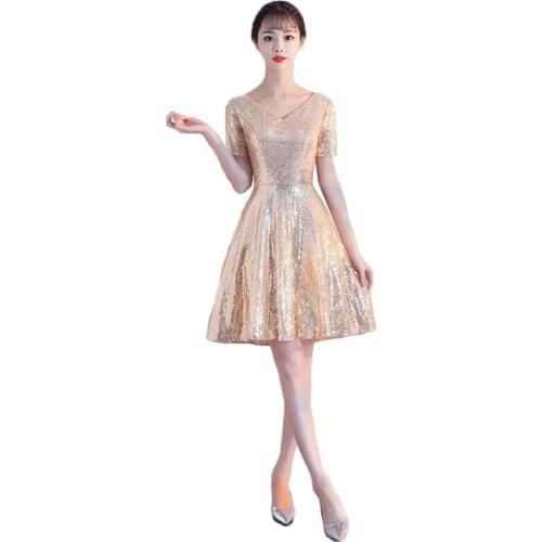 Golden Party Dress Women XS-2XL Sequined 2019 New Spring Summer Sexy V Neck Slim Short Sleeve Mini Dress Vestidos Feminina LR167