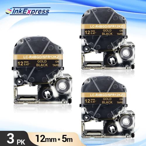 3PK Satin Ribbon Tape for Epson SFR12KZ LK-4BKK Label Tape Gold on Black SFR12KZ for Epson LabelWorks LW-300 LW-400 King Jim