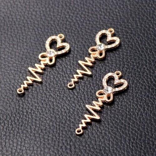 8pcs/lot Gold Plated Heart Shaped ECG Double Hanging Connector Rhinestone Charms Necklace Pendant DIY Jewelry Making 45*14mm