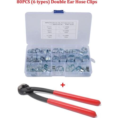 80PCS 5-18MM Zinc Plated Double Ear Hose Clips Water Fuel Air Clamps 6 size Assortment Box With Clamp Pliers