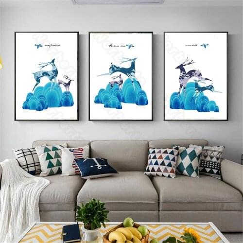 Nordic Style Abstract Canvas Painting Blue Deer Birds Poster and Print for Living Rooms Bedroom Book Store Wall Art Decoration