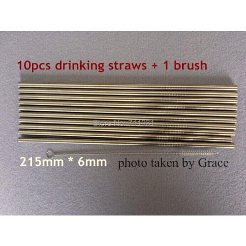 Free shipping 10pcs stainless steel drinking 215mm * 6mm straws + 1 brush rust free round ends