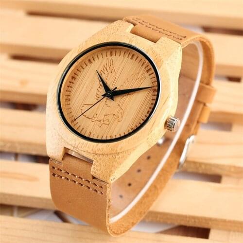 Classic Brown Genuine Leather Wood Mens Watch Flying Eagle Design Wooden Man Clock Business Fashion Wrist Clock Quartz reloj