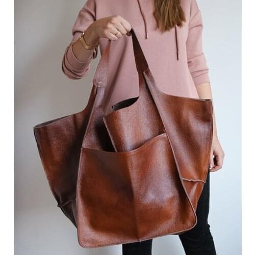 Chuwanglin Soft Large Capacity Tote Women Handbags Designer Aged Luxury Pu Leather Shoulder Bag Retro Shopper bag 6231358