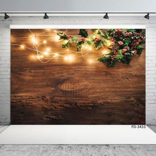 Wooden Board String Light Pine Cone Holly Christmas Photographic Backdrop Vinyl Background for Children Photobooth Photo Studio