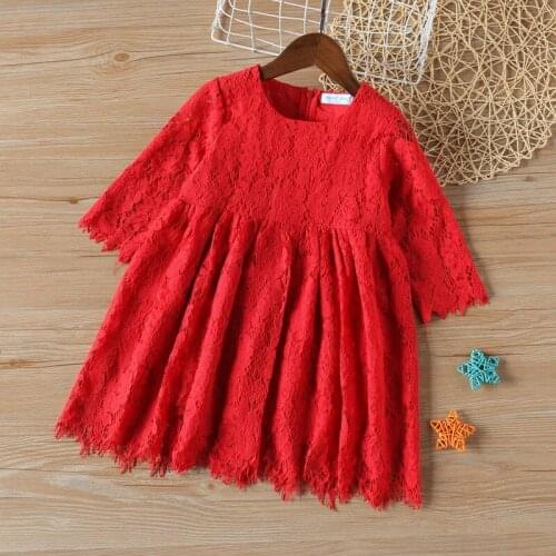DFXD Spring Red Lace Dress For 2-8Yrs Little Girl Half Sleeves Girls Elegant Party Dress Holiday Korean Style Clothes Vestido