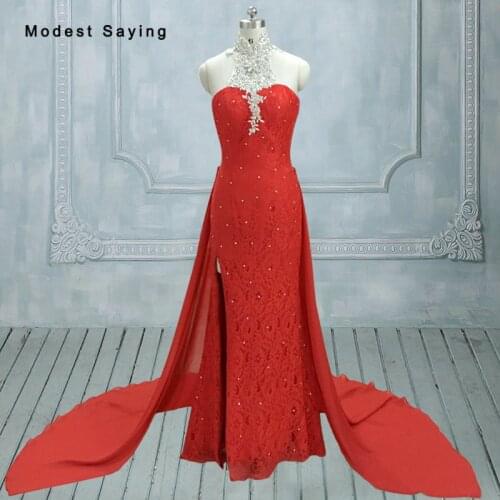 Elegant Green High Split Mermaid High Neck Beaded Lace Cover Evening Dresses 2017 with Watteau Train Women Party Prom Gowns JE87