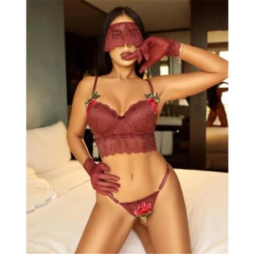 FUFUCAILLM 4pcs/set Sexy Women Lingerie Embroidery Flowers Pattern Bra + Panties + Eye Mask + Gloves Exotic Underwear Sets