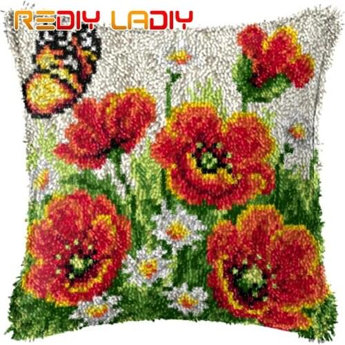 Latch Hook Cushion Cover Poppies Tulips Crocheting Yarn Pillow Case Printed Canvas Crochet Arts & Crafts 43x43cm Sofa Bed Pillow