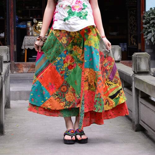 Summer long bust skirt Ethnic women cotton Double sided print Big skirt of the dresss
