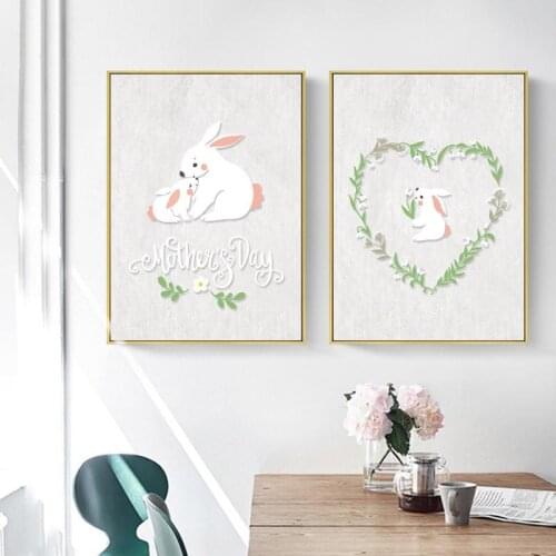 Cute White Rabbit Thanksgiving Wreath Mothers Day Nordic Style Minimalist Printing Decoration Frameless Canvas Custom Poster