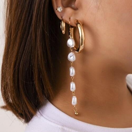 4Pcs/Set Fashion Punk Crystal Hoop Earrings for Women Gold Piercing Jewelry Long Pearl Earring Girls Fashion Earring Jewelry