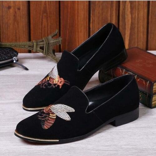 Fashion Cartoon Embroidery Men Suede Loafers Luxury Mens Flats Black Party Wedding Formal Dress Shoes Espadrilles Mocassin Homme