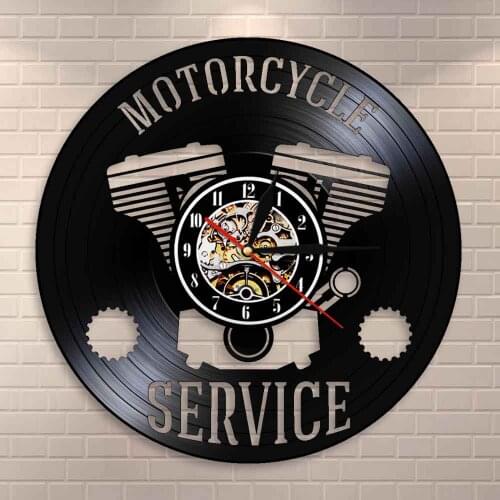 Motorbike Repair Vinyl Record Clock Business Hanging Sign Workshop Wall ClockGarage Decorative Wall Watch