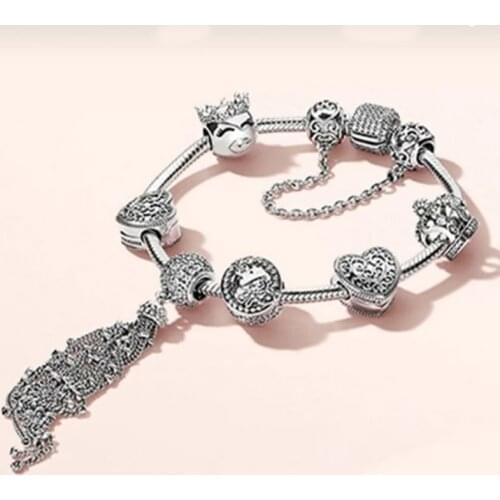 NEW 100% 925 Sterling Silver Crown love 7 Charm Bead Bracelet Set Planet of Charm Astronaut Night Blue Love Heart Charm