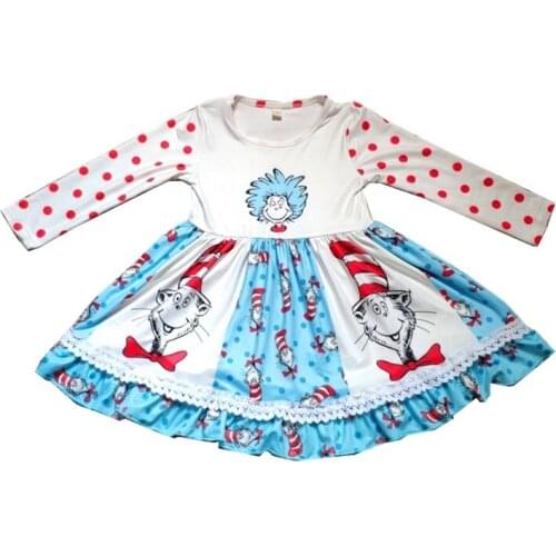 Girl Dress Long Sleeves Children Clothing Printing Belt Falbala Lace Baby kid Cartoon Milk Silk Princess Dress
