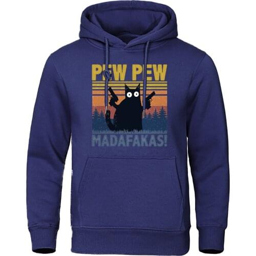 Pew Pew Madafakas Black Cat Print Hoody Man Loose Casual Sweatshirts Crewneck Pullover Tops Autumn Cartoons Clothing Hooded Male